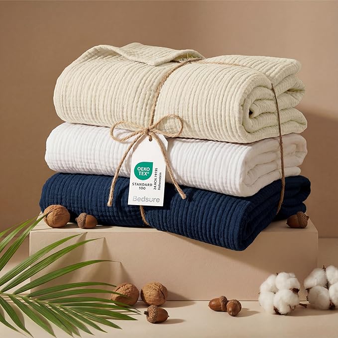 Bedsure 100% Cotton Muslin Blanket Queen Size for Bed - 4-Layer Breathable and Lightweight Thin Soft Summer Gauze Muslin Blankets for Adults, Navy Blue, 90x90 Inches