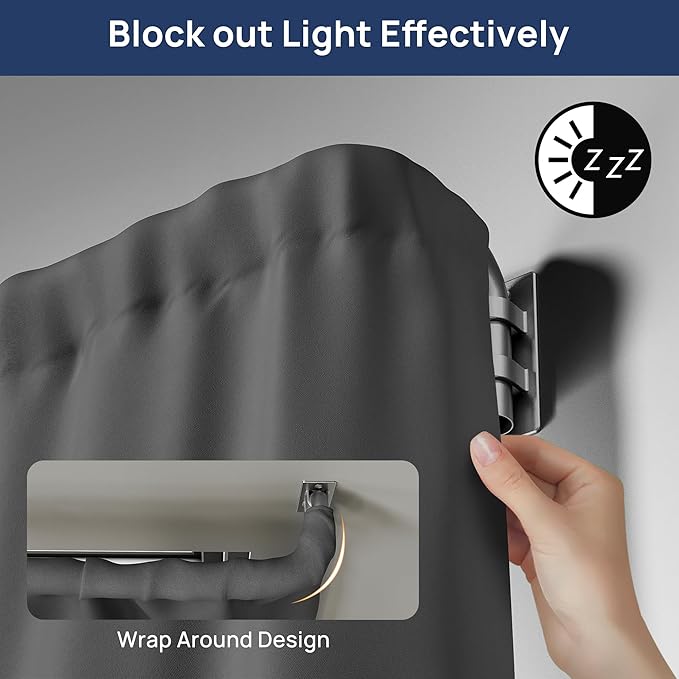 ENJOYBASICS Blackout Curtain rod for windows 48 to 84, Wrap Around Curtain Rods for Bedroom, Living Room, Adjustable from 30 to 86 Inches, Silver