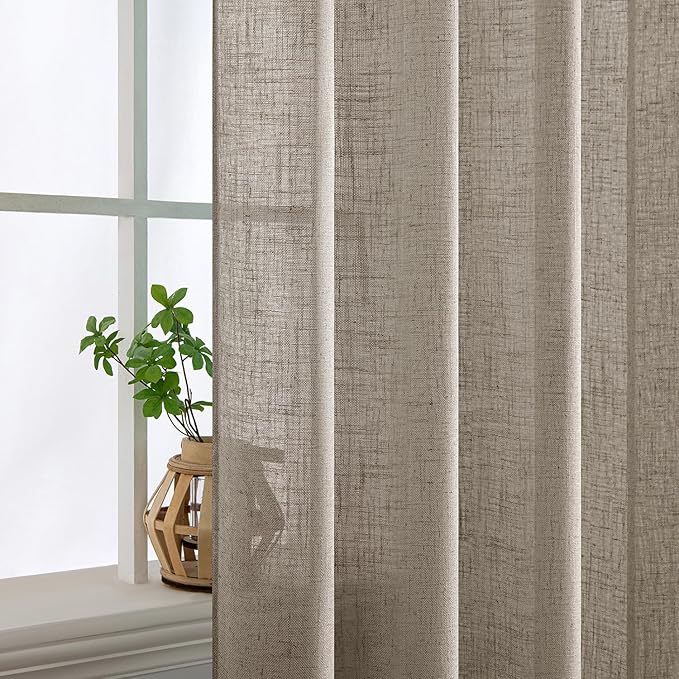 MIULEE Burlywood Birch Linen Curtains 108 Inches Long 2 Panels for Bedroom Living Room, Soft Linen Textured Window Drapes Semi Sheer Light Filtering Back Tab Rod Pocket Farmhouse Burlap Look Decor