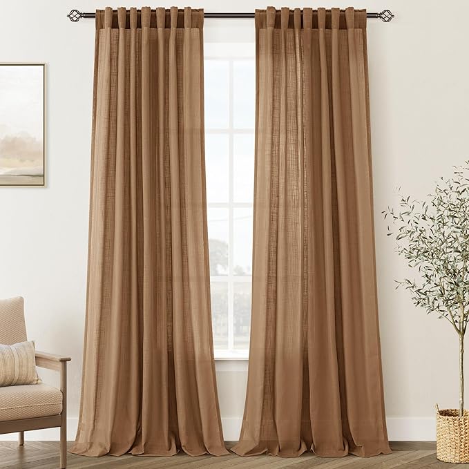 Brown Curtains for Living Room Back Tab Modern Farmhouse Semi Sheer Curtains 120 inches Long 2 Panels Set Muted Neutral Window Curtain for Dining Room Bedroom 52x120