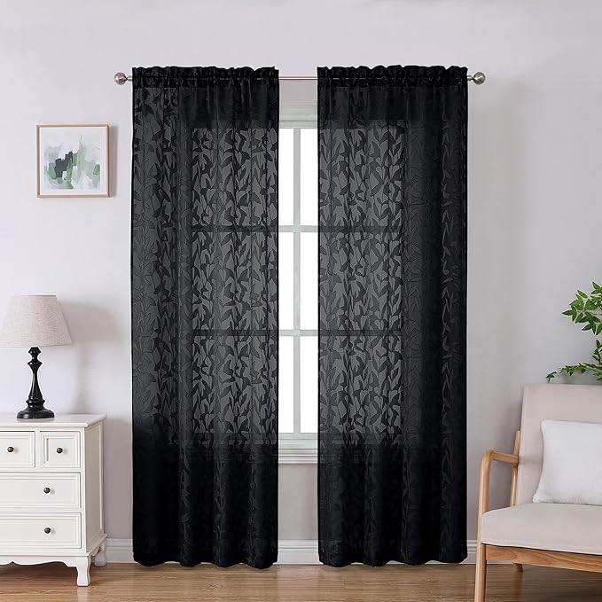 Lecloud Leia Jacquard Textured Leaf Sheer Black Curtains 84 Inches Long 2 Panels, Clip Light Filtering Voile Dining Room Bedroom Curtain, Double Rod Pockets Window Living Room Drapes, 38x84 Inch