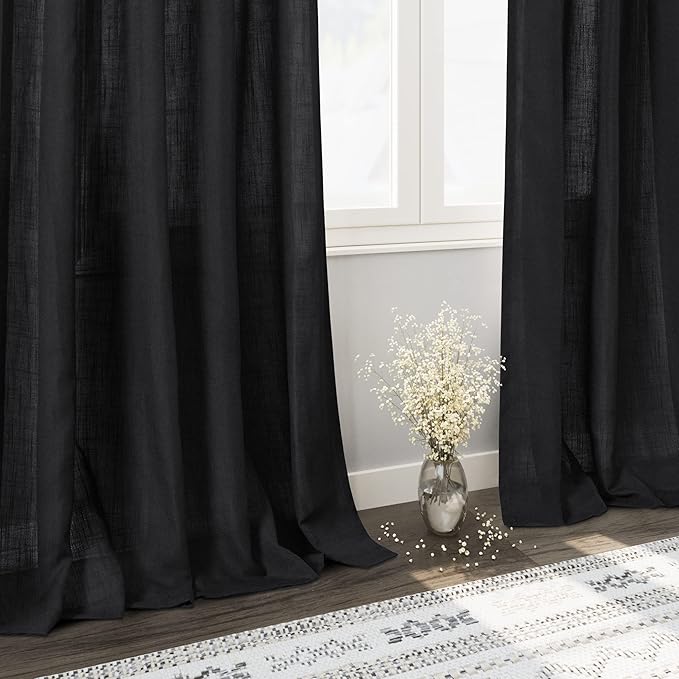 Black Sheer Linen Curtains 90 inch Length for Bedroom Back Tab Rod Pocket Modern Farmhouse Muslin Look Cotton Textured Black Window Curtains 90 inches Long for Dining Room Living Office 2 Panels