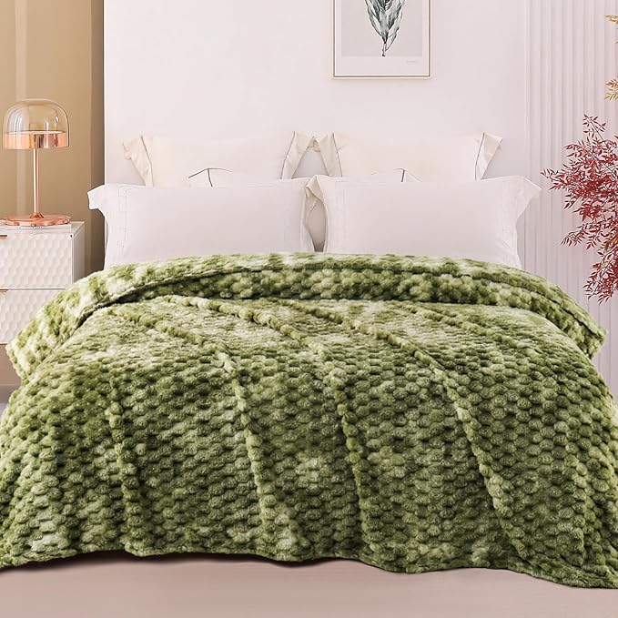 Exclusivo Mezcla Fleece Twin Blanket for Bed, Extra Large Fuzzy Tie-dye Olive Green Bed Blankets, Soft Cozy Plush Sofa Throws for All Seasons, 60x80 Inches