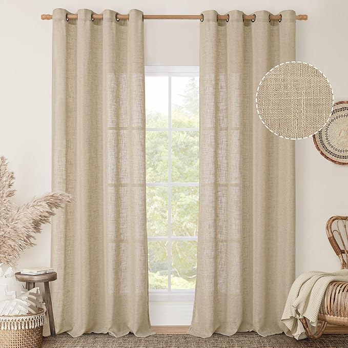 LAMIT Brown Sheer Linen Curtains 96 Inches Long 2 Panels Set, Light Filtering Boho Burlap Panels Bronze Grommet Floor to Ceiling Drapes for Living Room/Sliding Glass Door/Bedroom, 52 x 96 Inch