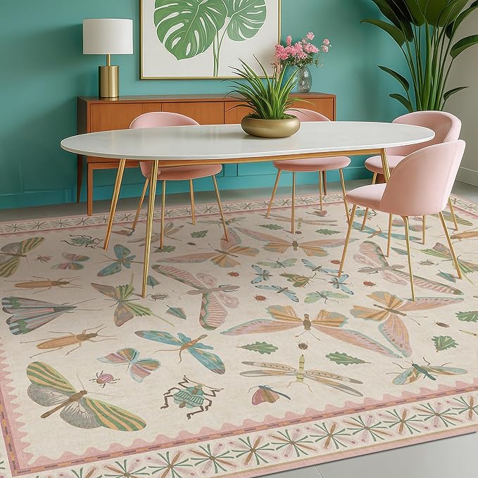 Pastel Pink Girls Rugs for Bedroom 6x8 - Washable Area Rug for Living Room, Dining Room Under Table, Boho Butterfly Cut Design, Low Pile & Soft Stain Resistant Carpet
