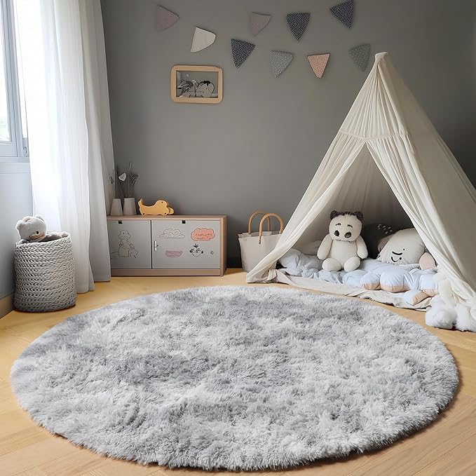 ONASAR Round Rugs 5ft for Bedroom Living Room, Fluffy Tie-Dyed Light Grey Circle Area Rug for Kids Girls Boys Teen, Soft Plush Shaggy Carpet for Nursery Dorm Classroom Playroom Home Decor Aesthetic