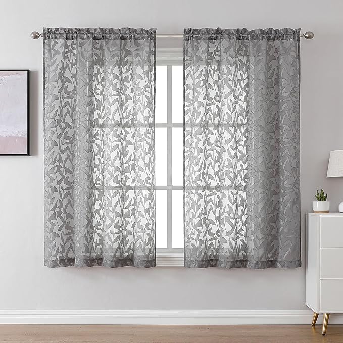 Lecloud Leia Charcoal Grey Sheer Curtains 54 Inch Length 2 Panels, Voile Light Filtering Privacy Jacquard Leaf Textured Curtains, Dual Rod Pockets Drapes for Living Room Bedroom, Each 42" W x 54" L