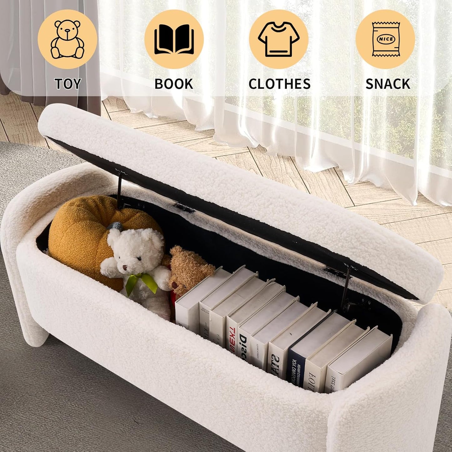 47.6 Inch Lamb Fleece Oval Storage Bench Upholstered Ottoman Bench with Storage, Bedroom Bench with Large Storage Space, for Bedroom Living Room Entryway, Beige