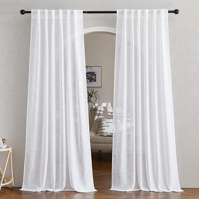 NICETOWN White Sheer 102 inch Long Curtains Faux Linen Blend, Rod Pocket & Back Tab Semi Sheer Window Treatment Privacy with Light Filtering for Living Room/Bedroom, W52 x L102, 2 Panels