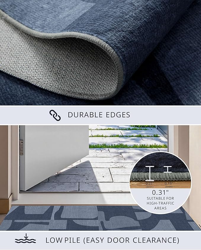 Latte&Fog 3x5 Entryway Rug Indoor, Modern Abstract Washable Area Rug, Boho Non Slip Low Pile Throw Carpet for Indoor Bedroom Bedside, Kitchen, Entry and Living Room - Navy Blue