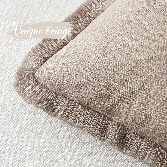 MIULEE Decorative Throw Pillow Covers Neutral Linen Fringe Throw Pillows Set of 2 Natural Linen Boho Farmhouse Cushion Covers with Tassels for Couch Sofa Bed Spring Home Decor 24x24 Inch