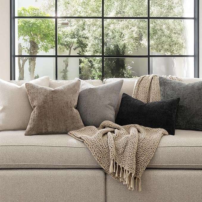 MIULEE Pack of 2 Lumbar Couch Throw Pillow Covers 20x12 Inch Black Modern Boho Accent Decorative Pillow Covers Soft Chenille Farmhouse Cushion Covers for Home Decor Bed Sofa Living Room