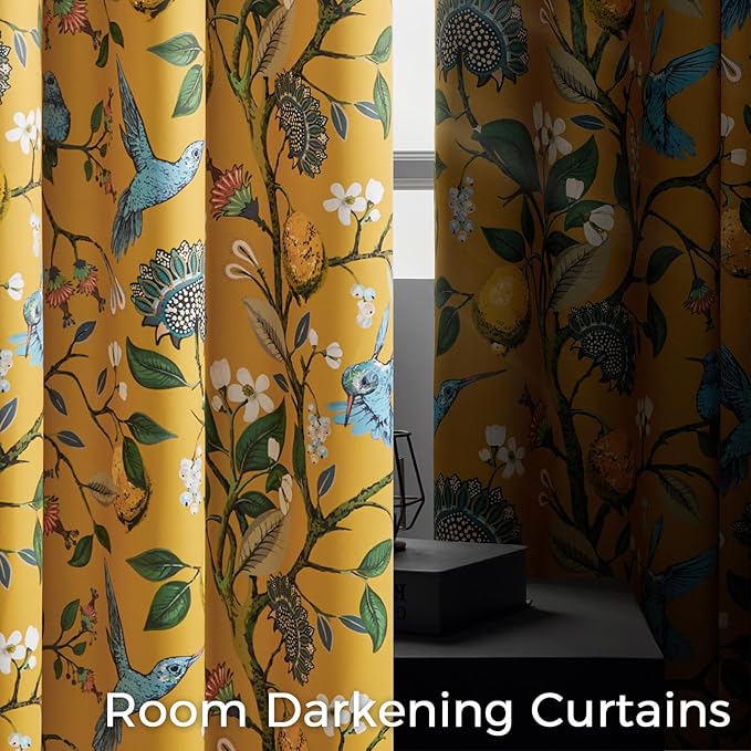 Topfinel 105 Inches Long Mustard Yellow Luxury Curtains for Living Room Bedroom, Blackout Vintage Art Deco Victorian Curtains Floral Lemon Hummingbird Printed Grommet Drape 105 Inch Length