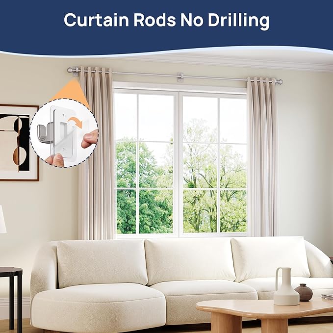 ENJOYBASICS No Drill Curtain Rods for Window 48 to 84 Inches, 5/8 Inch Diameter Renter Friendly Drapery Rod with Adhesive Brackets without Drilling, Adjustable from 27 to 90 Inches, Nickel