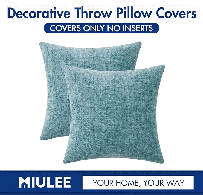 MIULEE Pack of 2 Couch Throw Pillow Covers 18x18 Inch Soft Smoke Blue Chenille Pillow Covers for Sofa Living Room Solid Dyed Pillow Cases