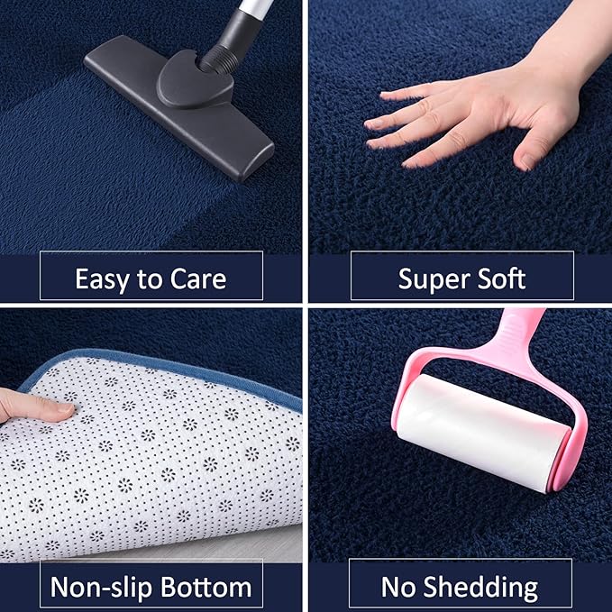 AROGAN Shag Runner Rug for Hallways, 2x6 Feet Washable Rugs with Memory Foam for Bedroom, Entryway Indoor Fluffy Throw Rug for Bedside Living Room Kids Girls Nursery Dorm Room Decor, Navy Blue