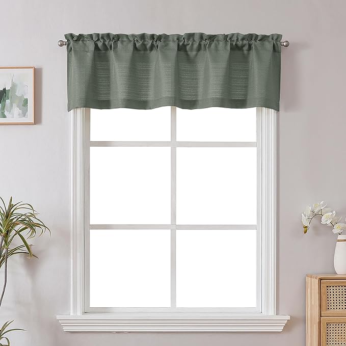 Chyhomenyc Olive Green Valance for Windows, Light Filtering Faux Linen Solid Short Curtain Valance, Burlap Decorative Small Curtain for Kitchen Bathroom Laundry Basement, 60Wx12L inch, 1 Piece