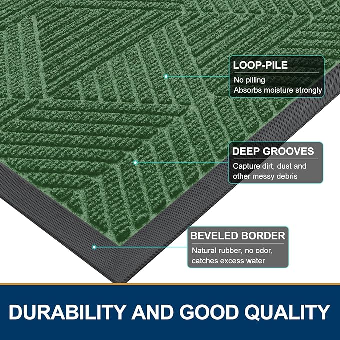 Smiry Front Door Mat Outside Entrance, Heavy Duty Sturdy Natural Rubber Doormat, Trap Dirt and Moisture, Easy Clean Low Profile Welcome Floor Mats for Indoor Outdoor Entry, 47x23 Inch, Green