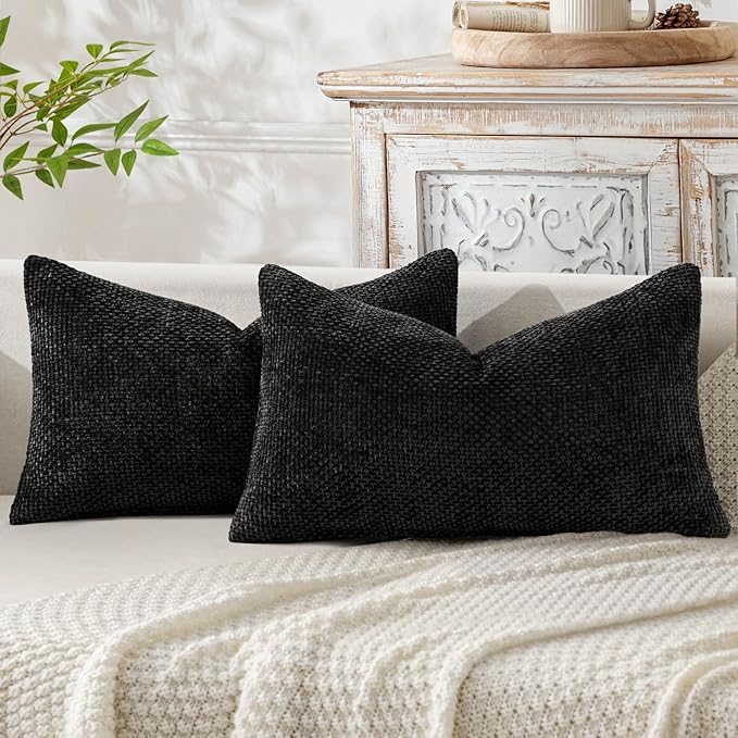 MIULEE Pack of 2 Lumbar Couch Throw Pillow Covers 20x12 Inch Black Modern Boho Accent Decorative Pillow Covers Soft Chenille Farmhouse Cushion Covers for Home Decor Bed Sofa Living Room