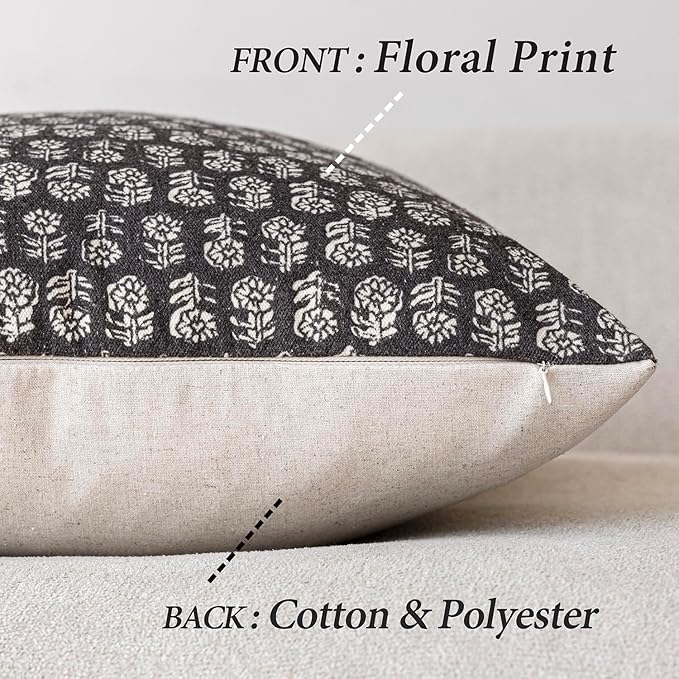 Foindtower Set of 2 Decorative Neutral Floral Print Throw Pillow Covers Vintage Accent Farmhouse Cushion Covers Boho Home Decor for Sofa Couch Chair Bedroom Living Room,22×22 Inch,Black