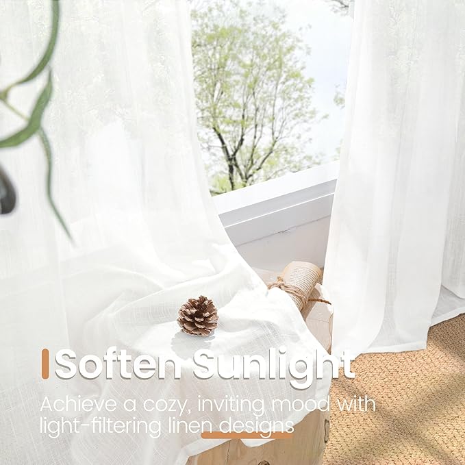 BGment White Linen Cafe Curtains 36 Inch Length for Kitchen Window Over Sink - Small Semi Sheer Drapes Light Filtering with Rod Pocket for Bathroom Lightweight, 2 Panels Set, 42 X 36 Inch