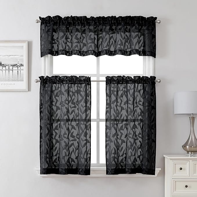 Lecloud Leia Black Sheer Curtains 30 Inch Length 2 Pieces, Breathable Jacquard Leaves Texture Voile Short Kitchen Curtains, Small Farmhouse Dual Rod Pocket Window Treatments, 38 W x 30 L