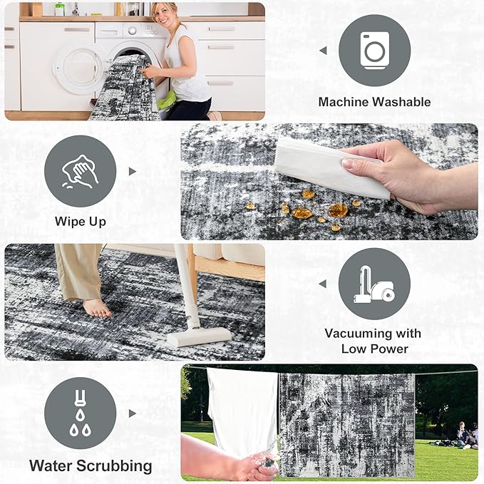 6x9 Area Rugs for Living Room - Washable Rug Modern Abstract Soft Large Neutral Non-Slip Carpet Indoor Floor Thin Carpets for Bedroom Dining Room Farmhouse Nursery Home Office Black