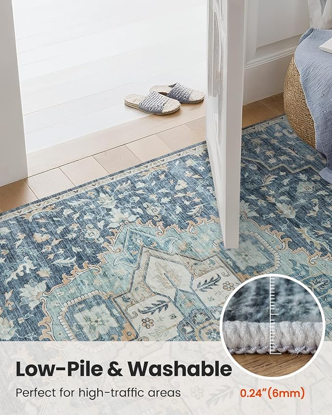 AMADA HOMEFURNISHING 2x6 Washable Runner Rug, Low-Profile Kitchen Rugs with Non-Slip Backing & Durable Edge Binding, Vintage Entryway Runner Rug for Bedroom & Hallway