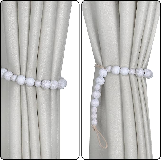 OCIOLI 2 Pieces Wood Bead Curtain Tieback Boho Curtain Tiebacks Curtain Holdbacks for Wall Curtain Ties Window Treatment Curtain Tie Backs with Hooks Curtain Pull Backs (Whitewashed Color, 2) (C-1)