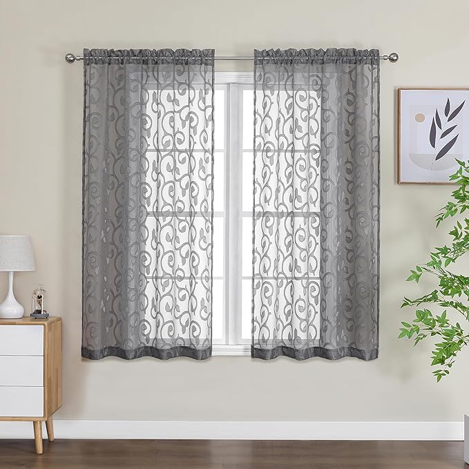 OWENIE Furman Grey Sheer Curtains 54 Inch Length 2 Panels Set for Living Room Bedroom, Airy Jacquard Clip Short Curtains for Small Window, Modern Rod Pocket Bathroom Window Curtain Each 42W inch 54L