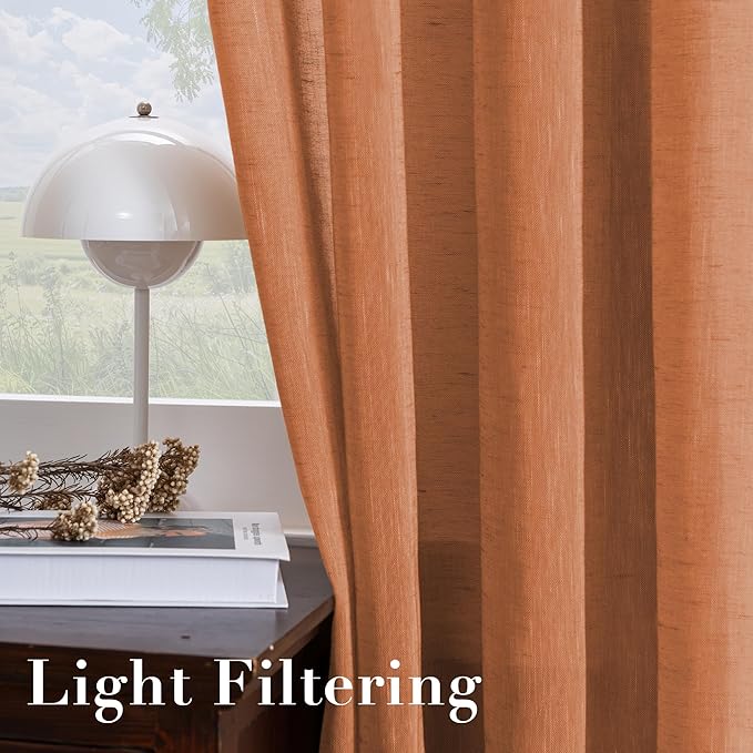H.VERSAILTEX Linen Curtains Natural Linen Blended Curtain Panels for Living Room/Light Reducing Linen Semi Sheer Curtains 2 Panels Set Nickel Grommet Window Panels (52x84 Inch, Orange)