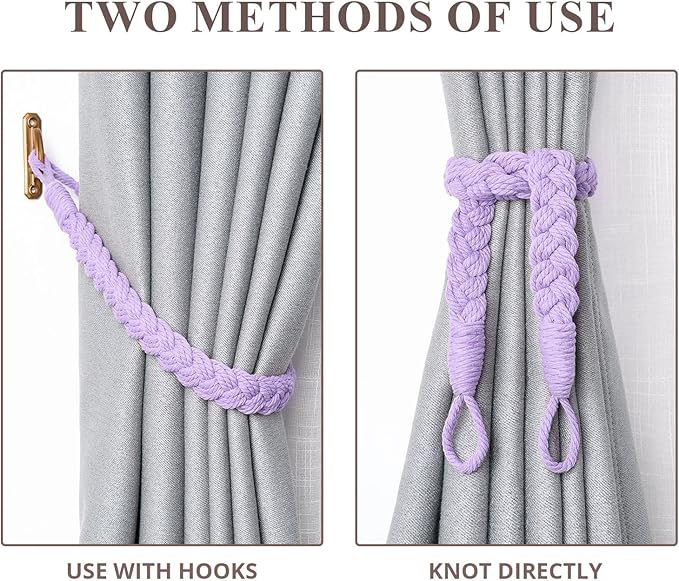 NICEEC 2 Pack Natural Cotton Rope Curtain Tiebacks Elegant Boho Style Decorative Drape Tie Backs Soft Hand-Woven Rope Curtain Holdbacks with Metal Hook for Home & Office Drapery (Purple)