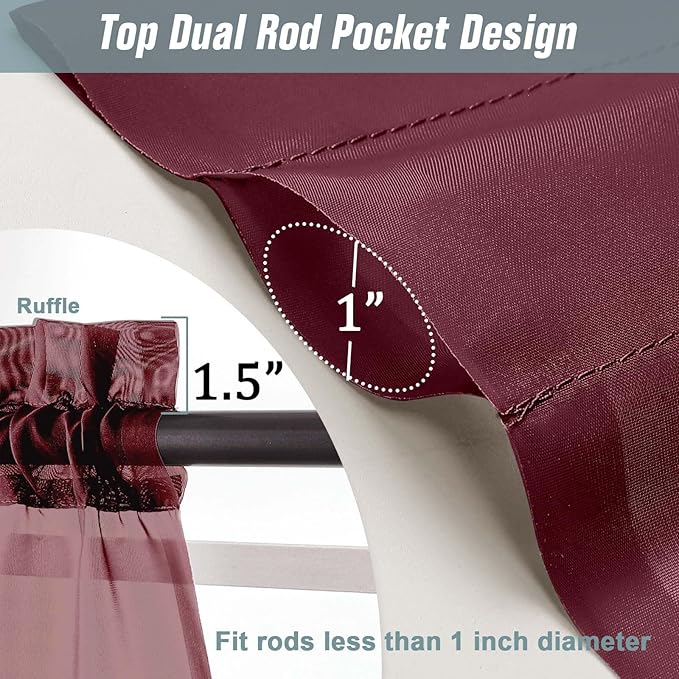Extra Wide Sheer Curtains 90 Inches Long 2 Panels, Light Filtering Lightweight Solid Sheer Curtains for Bedroom Living Room, Christmas Window Sheer Drapes, Dual Rod Pocket, Burgundy, 2x59Wx90L
