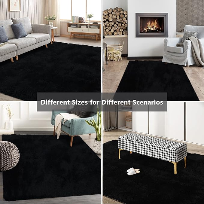 Shag Area Rugs for Bedroom Living Room,6X9 Ultra Soft Fluffy Area Rugs for Dorm, Indoor Carpet Nursery Rugs for Kids Girls Room Home Decor, Black