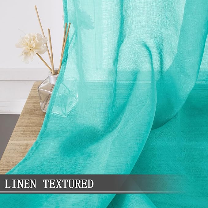 Tollpiz Sheer Curtains Bedroom Linen Textured Curtain Sheers Light Filtering Voile Rod Pocket Curtains for Living Room, 38 x 84 inches Long, Aqua Blue, Set of 2 Panels