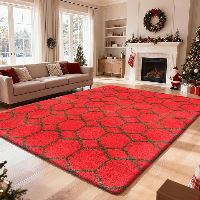 8x10 Fluffy Area Rugs for Living Room,Shag Area Rug for Bedroom,Geometric Soft Fuzzy Rug Non-Shedding Indoor Plush Carpet for Kids Bedroom Nursery Home Christmas,Red and Green