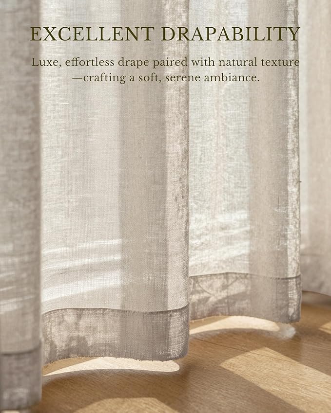 NICETOWN Semi Sheer Linen Curtains for Bedroom 84 inches Long, Grommet Privacy Vertical Farmhouse Window with Light Filtering for Living Room, Natural, W52 x L84, 2 Pieces