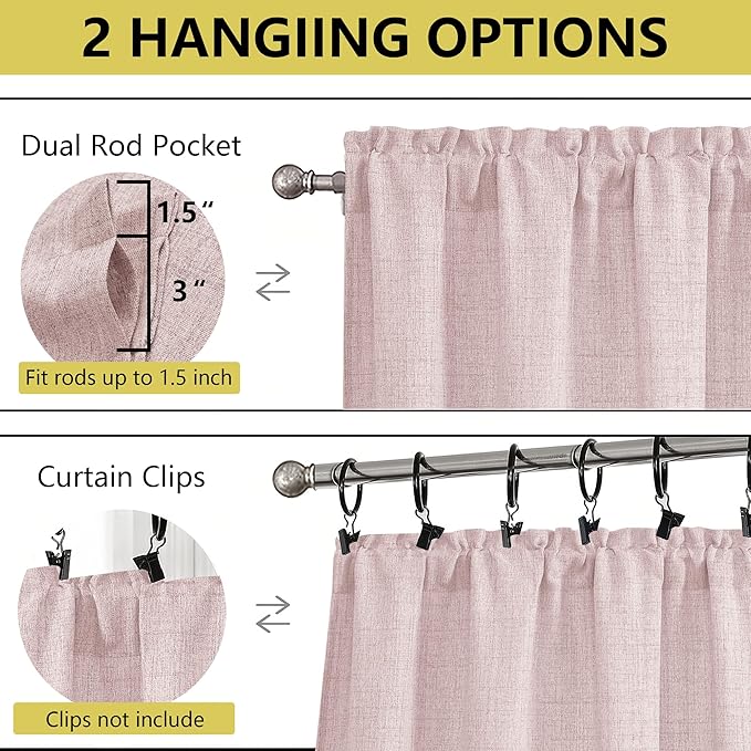 Blush Pink Valances for Windows, Light Filtering Faux Linen Textured Small Short Window Curtain for Bathroom Basement Farmhouse, Rod Pocket Half Curtains for Windows, 60Wx22L Inch