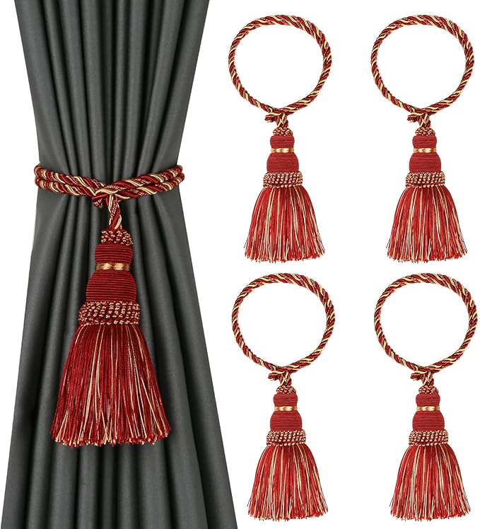 Fenghuangwu 4 Pack Curtain Tie Backs Rope Tassels for Curtains Drape tiebacks Handmade Outdoor Home and Outdoor Decorative (Mix red, 4p)