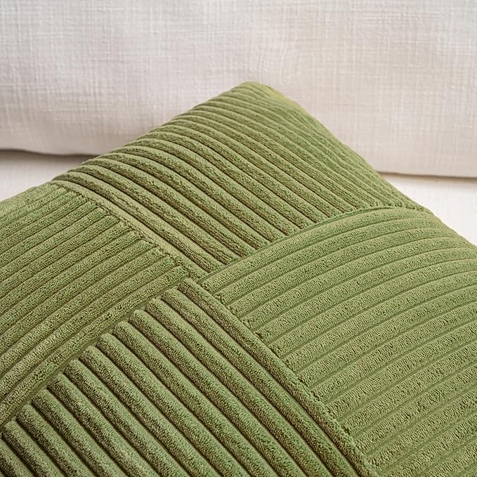 Fancy Homi 2 Packs Moss Green Lumbar Decorative Throw Pillow Covers 20x28 Inch for Living Room Couch Bed, Rustic Farmhouse Boho Home Decor, Soft Striped Corduroy Rectangle Accent Cushion Case 50x70 cm