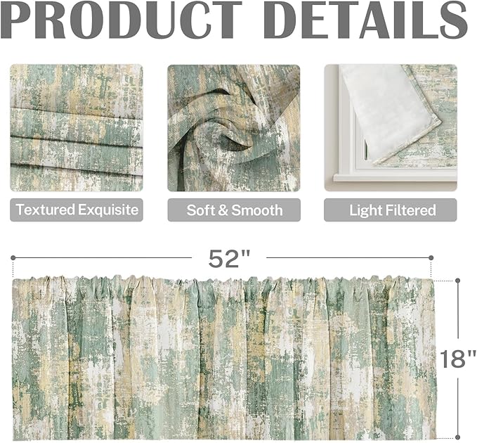 Emvency 4 Pack Valances Window Treatments, Abstract Sage Rustic Vintage Drapes Adjustable Curtain for Windows Living Room Kitchen Over Sink, 52x18 Inch Rod Pocket Valances