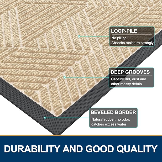 Smiry Front Door Mat Outside Entrance, Heavy Duty Sturdy Natural Rubber Doormat, Trap Dirt and Moisture, Easy Clean Low Profile Welcome Floor Mats for Indoor Outdoor Entry, 71x23 Inch, Beige
