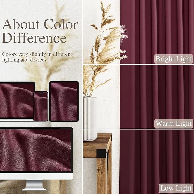 Nanspring Burgundy Linen 112 Inch Curtains for Living Room Light Filtering Semi Sheer Curtain Back Tab Vintage Boho Decor Elegant Drapes Floor to Ceiling High Window for Bedroom 52x112, 2 Panels