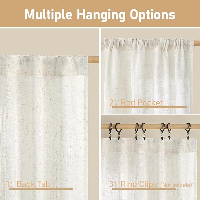 LAMIT Semi Sheer Linen Curtains 96 inches Long 2 Panels Set, Light Filtering Semi Sheer Panels Back Tab and Rod Pocket Floor to Ceiling Curtains for Bedroom/Living Room, Cream, 52 x 96 Inch