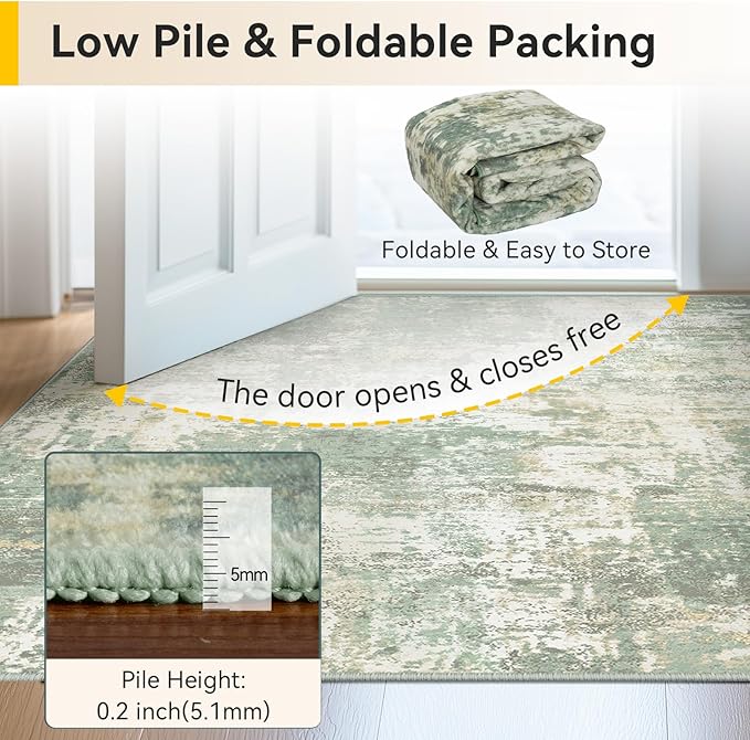 Washable Area Rugs 5'x8' Non-Slip Modern Abstract Soft for Living Room Entryway Bedroom Nursery, Print Pattern, Light Green/Yellow
