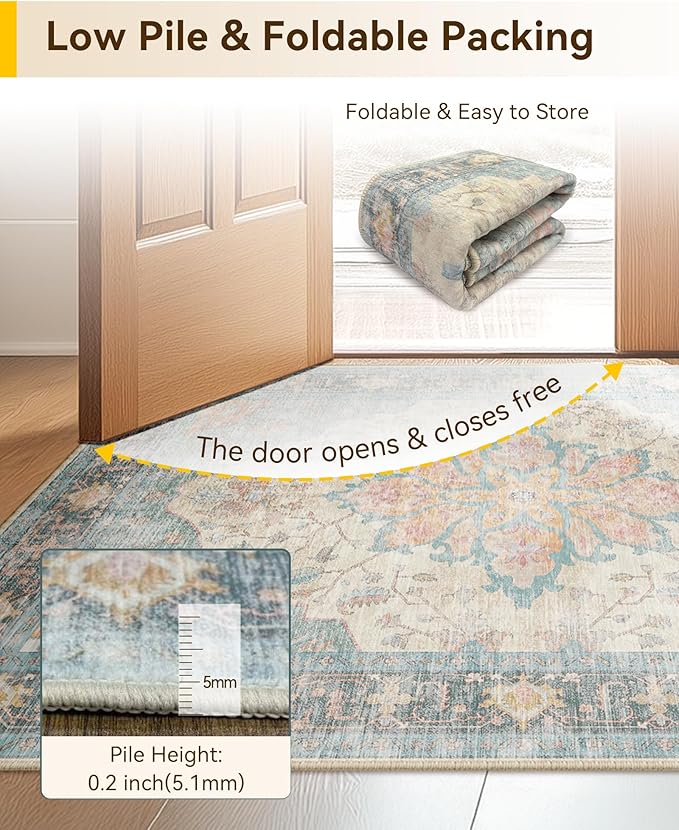 RELEANY Area Rugs 6'x9' Washable Non-Slip, Floral Vintage Distress Print Pattern Medallion Carpet for Living Room Bedroom Dining Room, Blue Orange Red