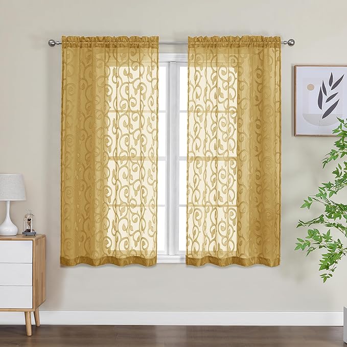 OWENIE Furman Gold Sheer Curtains 45 Inch Length 2 Panels Set for Living Room Bedroom Bathroom Window, Airy Jacquard Clip Short Curtains for Small Window, 40Wx45L inch