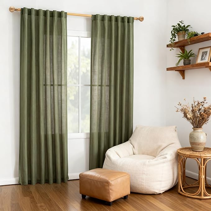MYSKY HOME 72 Inches Long Semi Sheer Curtains Light Filtering Window Drapes Door Curtains for Closet Doorways, Short Curtain Panels Elegant Look for Classroom/Guestroom, 50" x 72", Olive Green, 2 Pcs