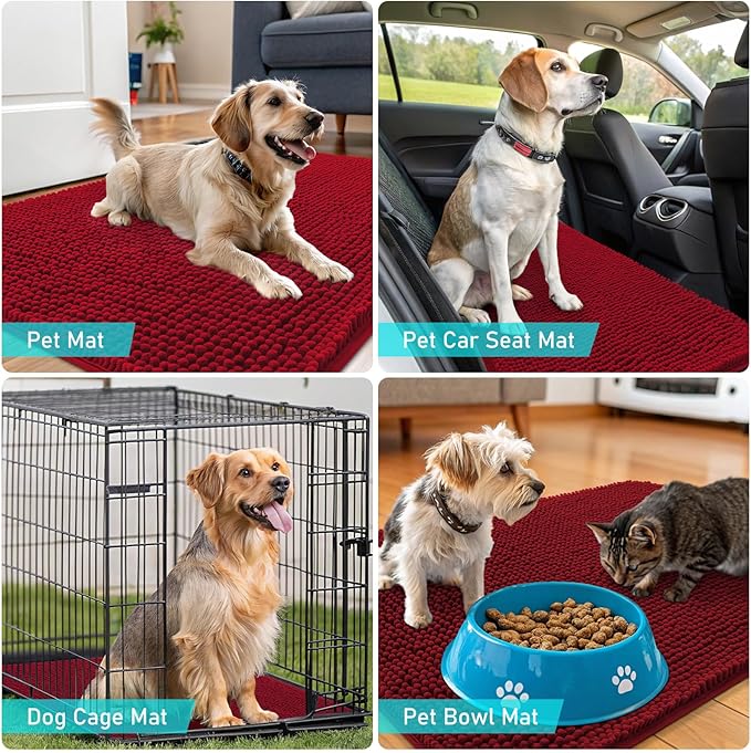 OLANLY Dog Door Mat for Muddy Paws 47x17, Absorbs Moisture and Dirt, Absorbent Non-Slip Washable Doormat, Quick Dry Chenille Mud Mat for Dogs, Entry Indoor Entryway Carpet for Inside Floor, Red