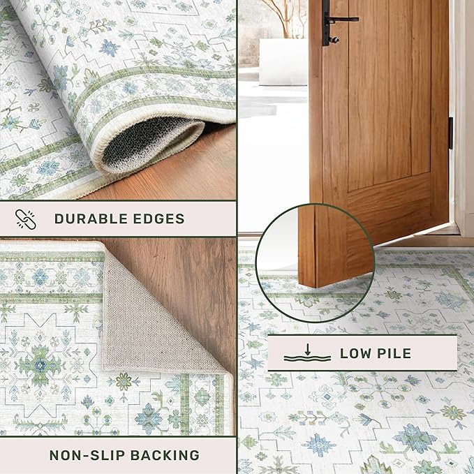 Hazo Haus Cream Oushak 6x9 Bedroom Rug - Boho Floral Cool Blue and Green, Washable Low Pile Non-Slip Ultra-Thin Large Area Rugs for Bed Room, Living Room, Playroom